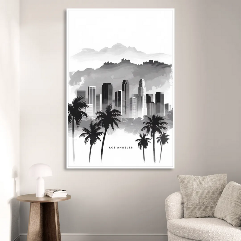Los Angeles Black and White Cityscape Sitting Room - White Canvas Wall Art