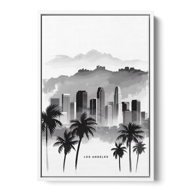 Los Angeles Black and White Cityscape Front - White Canvas Wall Art