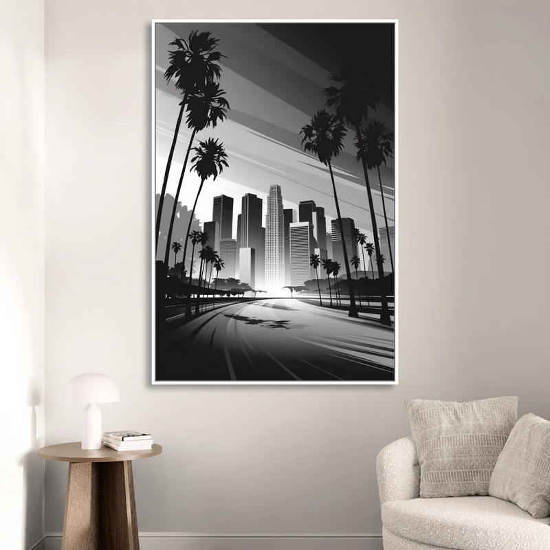 Los Angeles Black and White Cityscape Monochrome Living Room - White Canvas Wall Art