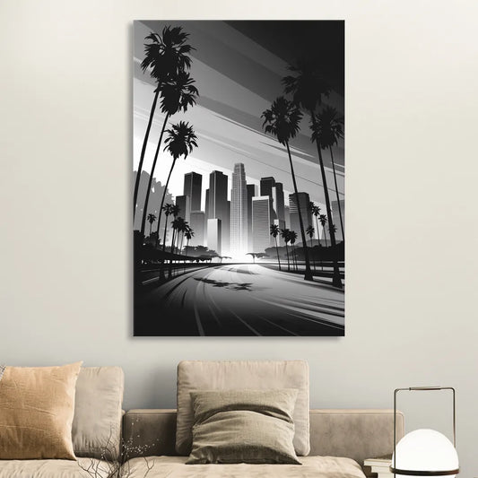 Los Angeles Black and White Cityscape Monochrome Living Room - Canvas Wall Art