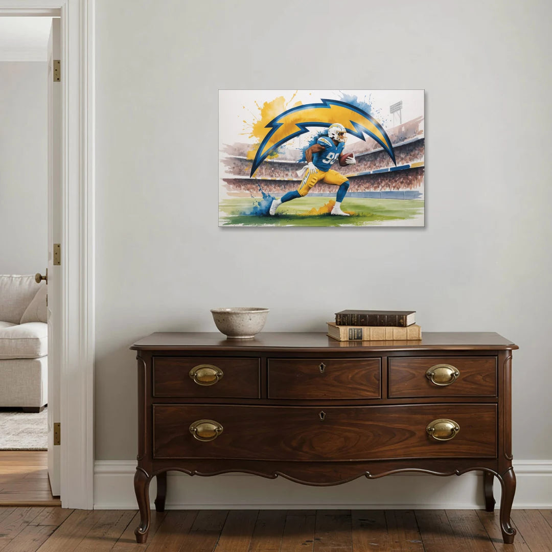 Los Angeles Chargers Watercolor Football Player in Motion Artwork - Canvas Wall Art - Coffee Table - 36x24