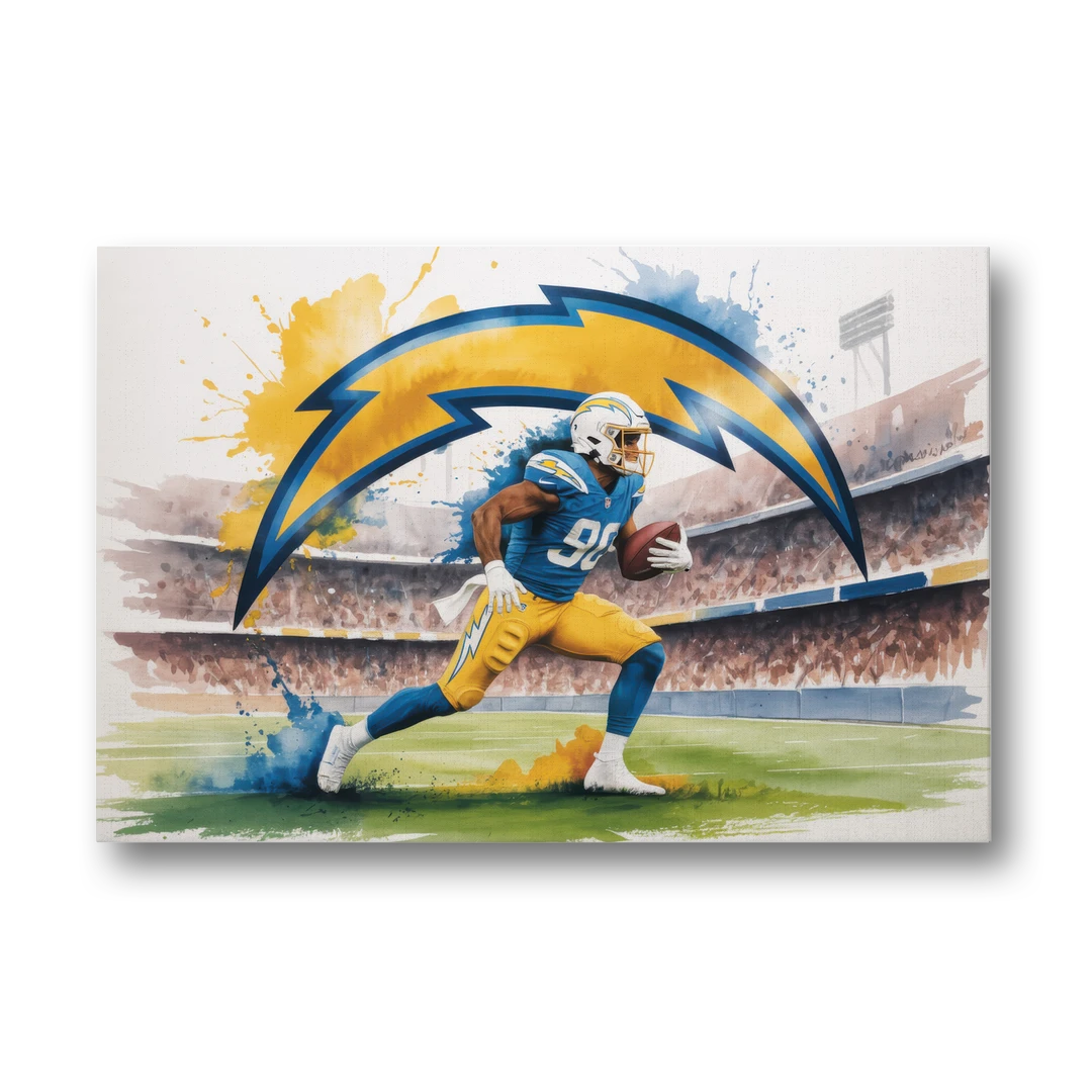 Los Angeles Chargers Watercolor Football Player in Motion Artwork - Canvas Wall Art - Front