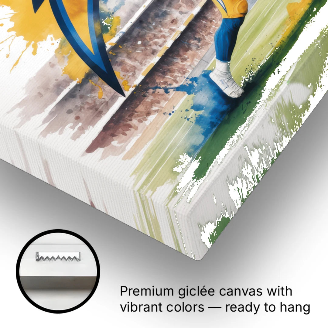 Los Angeles Chargers Watercolor Football Player in Motion Artwork - Canvas Wall Art - Gallery Wrap Corner