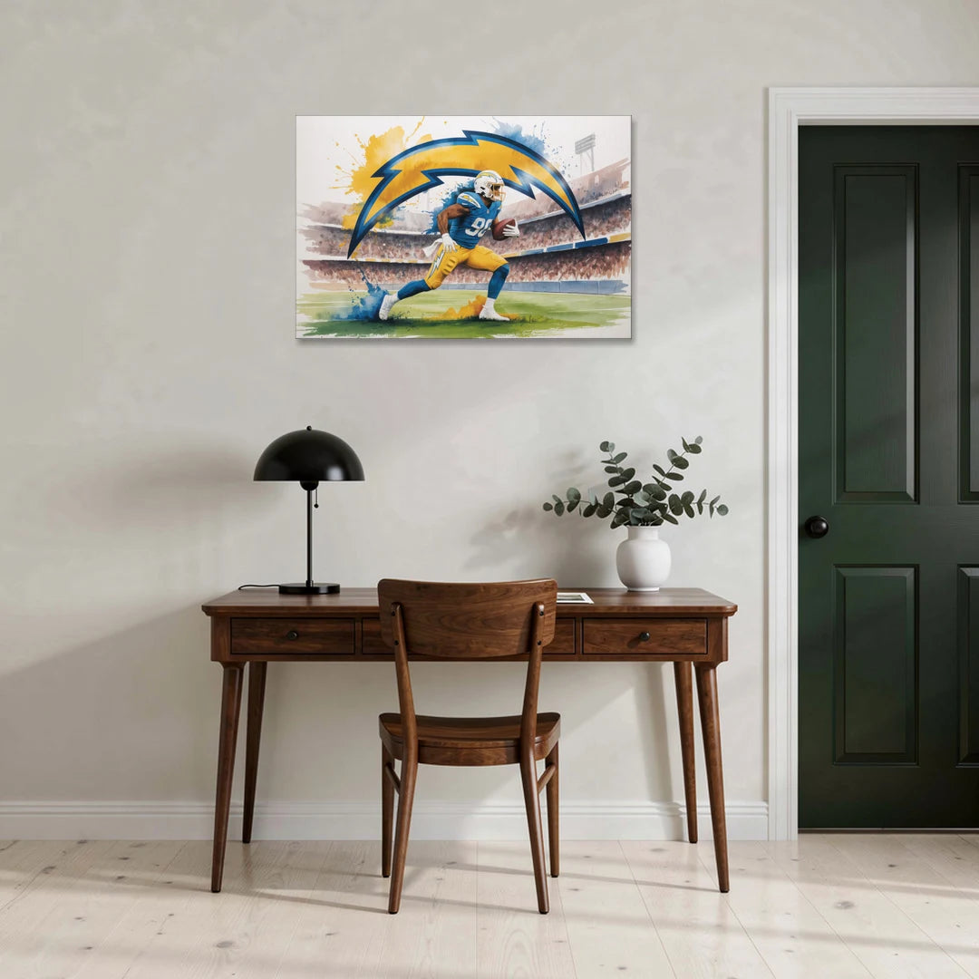 Los Angeles Chargers Watercolor Football Player in Motion Artwork - Canvas Wall Art - Office - 36x24