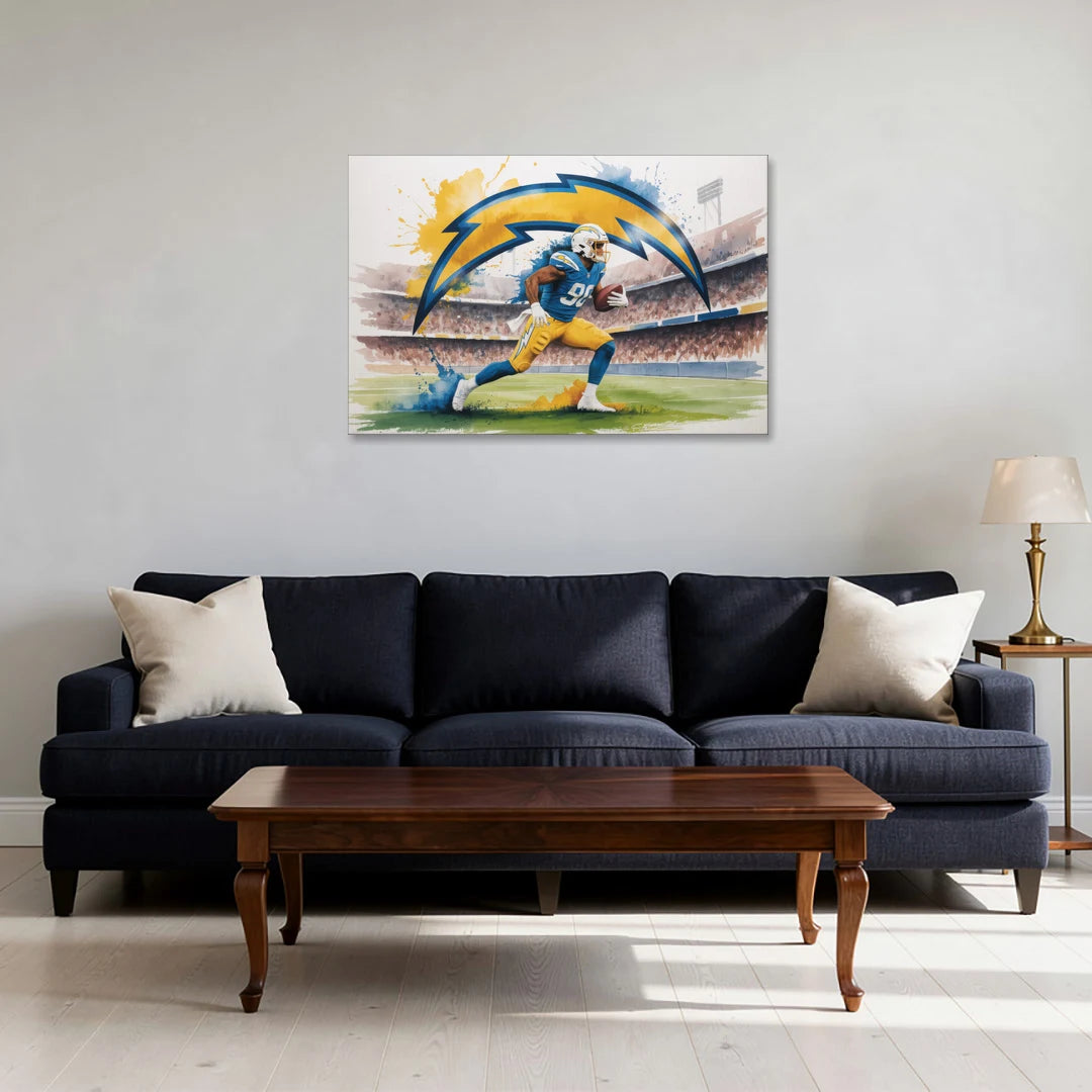 Los Angeles Chargers Watercolor Football Player in Motion Artwork - Canvas Wall Art - Sofa - 36x24