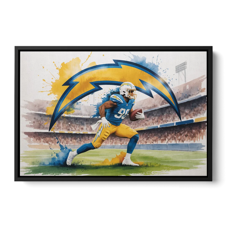 Los Angeles Chargers Watercolor Football Player in Motion Artwork Front - Black Canvas Wall Art