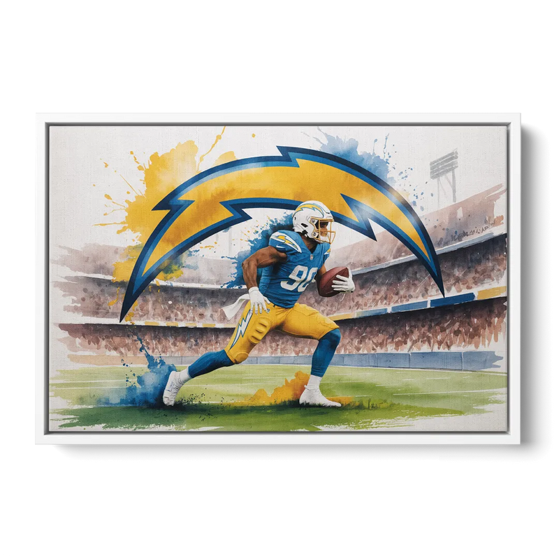 Los Angeles Chargers Watercolor Football Player in Motion Artwork Front - White Canvas Wall Art