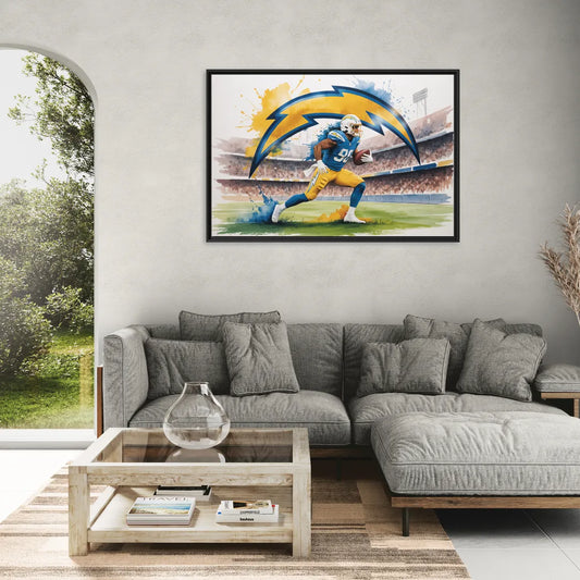 Los Angeles Chargers Watercolor Football Player in Motion Artwork - Living Room Black Frame Canvas