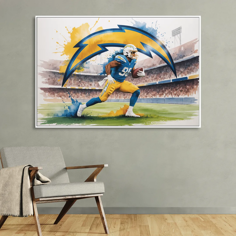 Los Angeles Chargers Watercolor Football Player in Motion Artwork Sitting Room - White Canvas Wall Art