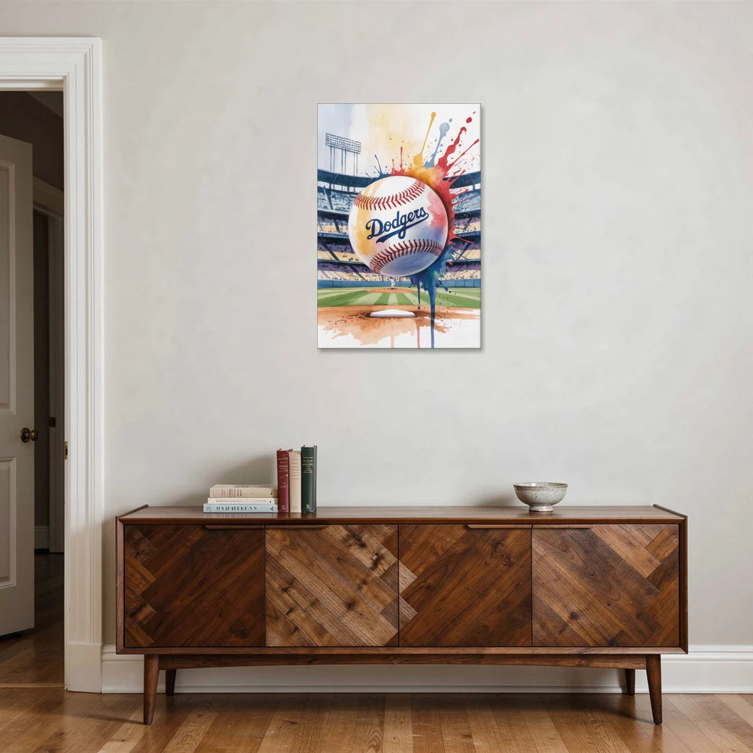 Los Angeles Dodgers Watercolor Baseball Action Art - Canvas Wall Art - Coffee Table - 24x36