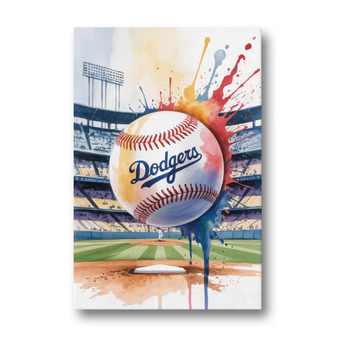 Los Angeles Dodgers Watercolor Baseball Action Art - Canvas Wall Art - Front