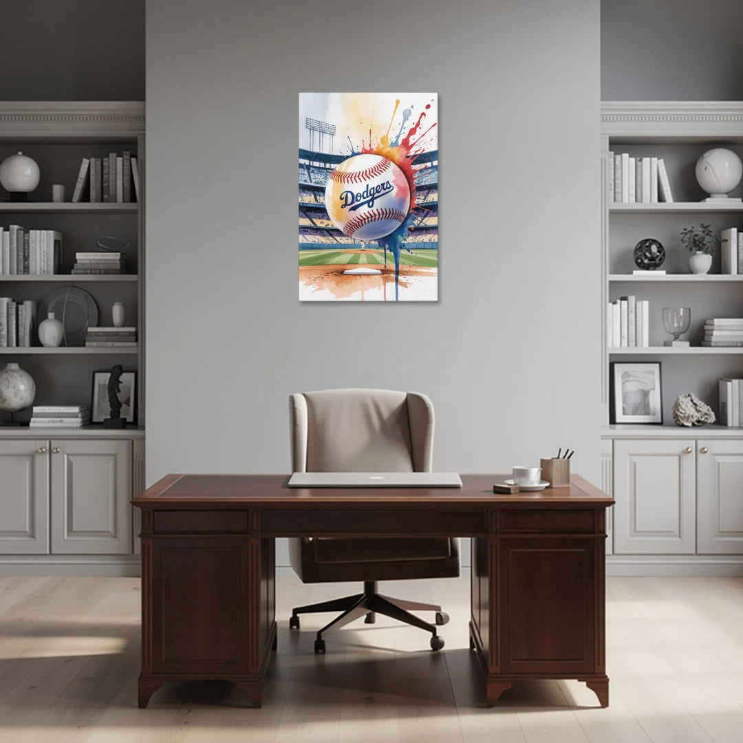 Los Angeles Dodgers Watercolor Baseball Action Art - Canvas Wall Art - Office - 24x36