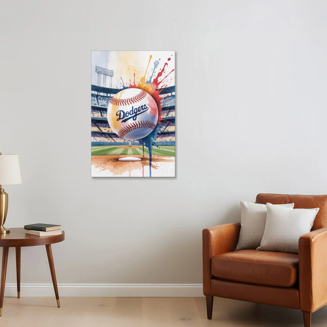 Los Angeles Dodgers Watercolor Baseball Action Art - Canvas Wall Art - Sofa - 24x36