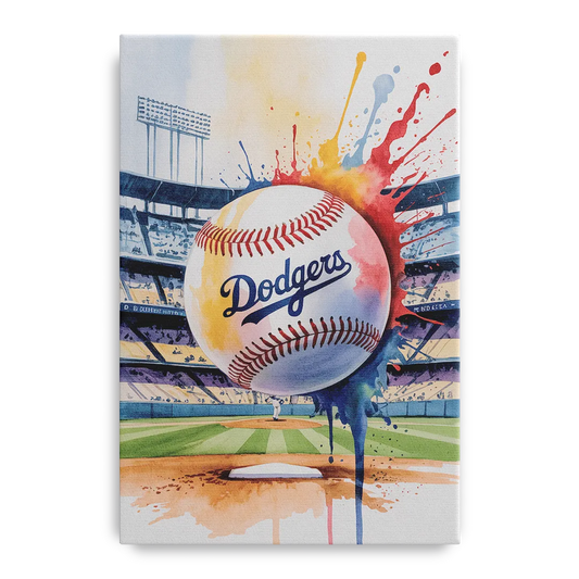 Los Angeles Dodgers Watercolor Baseball Action Art - Canvas Wall Art