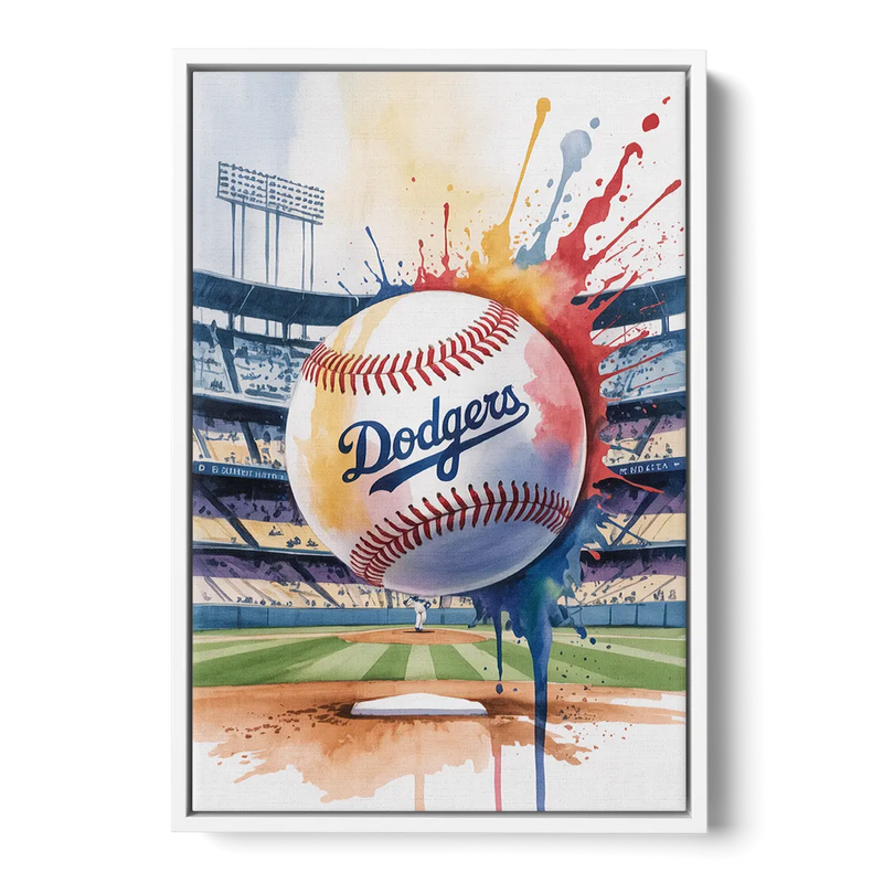 Los Angeles Dodgers Watercolor Baseball Action Art Front - White Canvas Wall Art