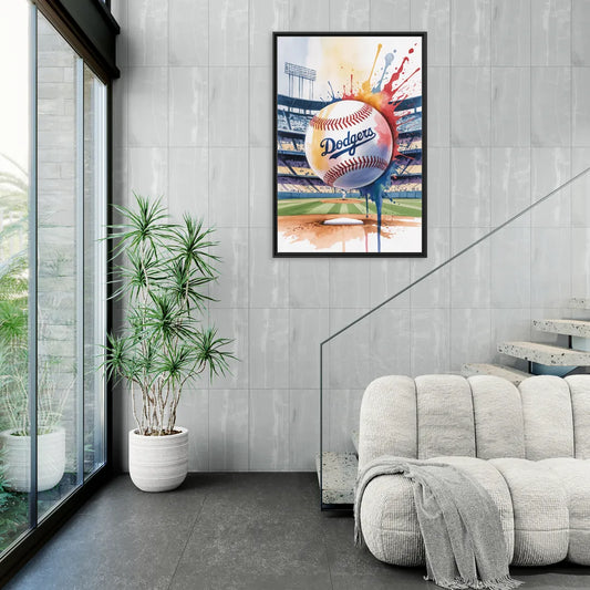Los Angeles Dodgers Watercolor Baseball Action Art - Living Room Black Frame Canvas