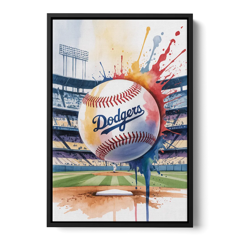 Los Angeles Dodgers Watercolor Baseball Action Art Front - Black Canvas Wall Art