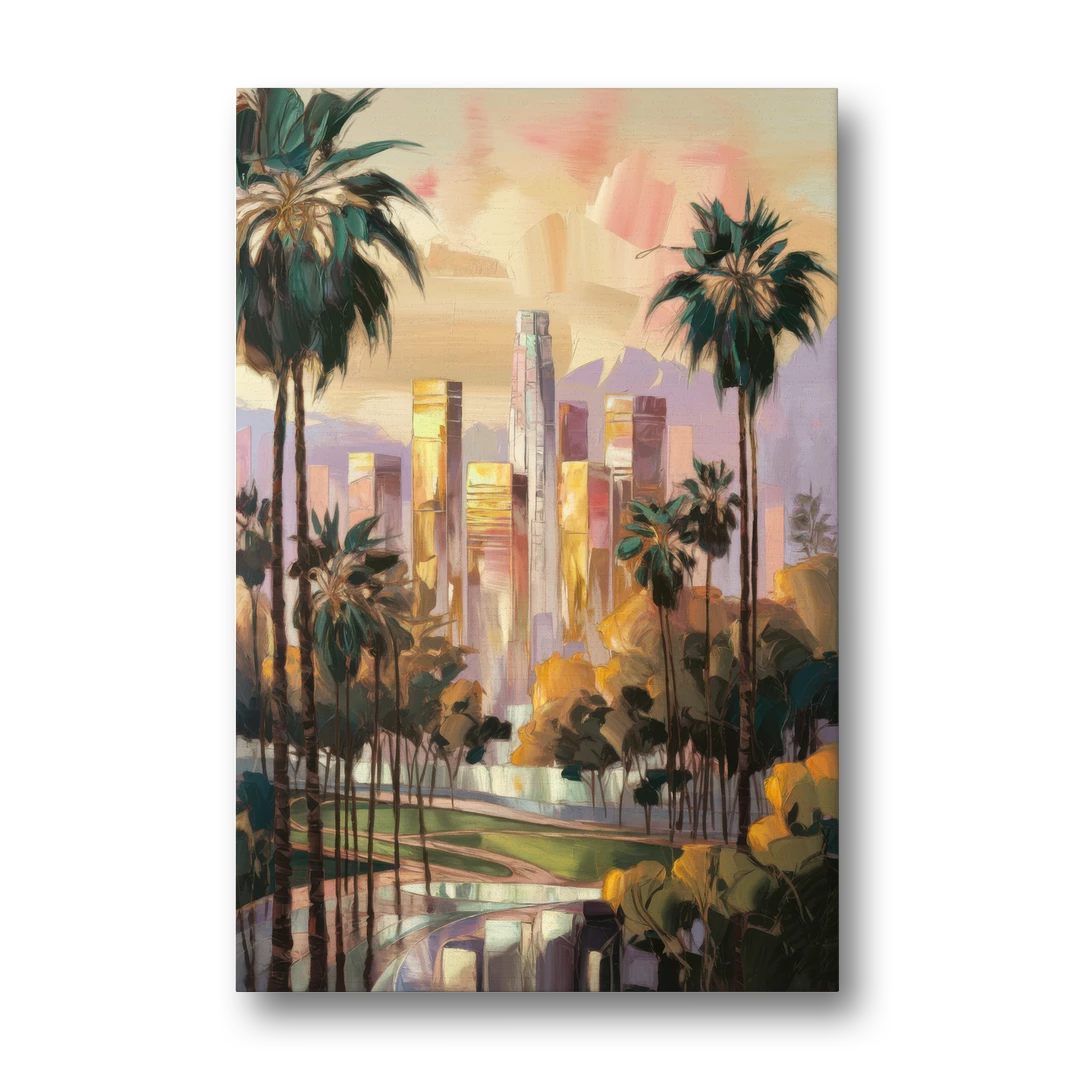 Los Angeles Palm Trees and Skyscrapers - Canvas Wall Art - Front