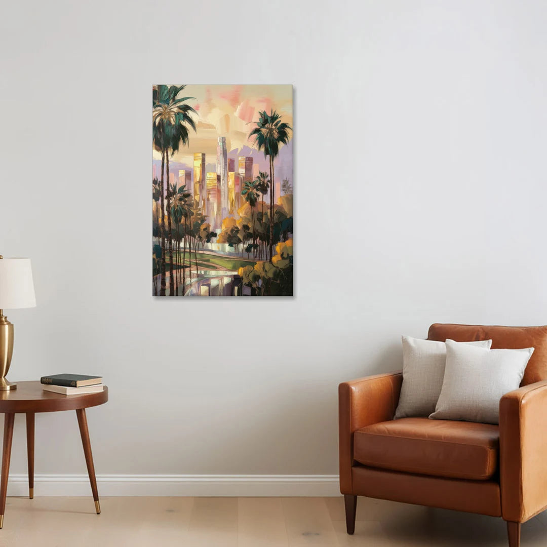 Los Angeles Palm Trees and Skyscrapers - Canvas Wall Art - Sofa - 24x36