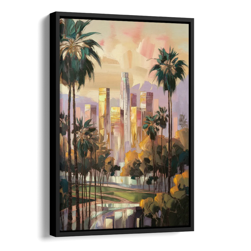Los Angeles Palm Trees and Skyscrapers Side - Black Canvas Wall Art