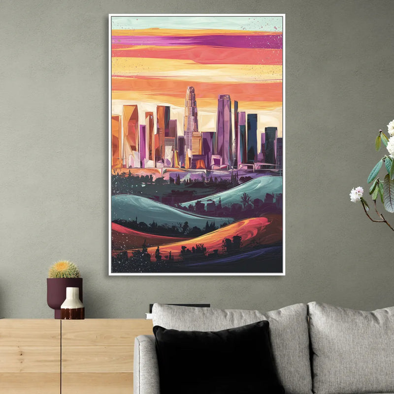 Los Angeles Skyline at Sunset Sitting Room - White Canvas Wall Art
