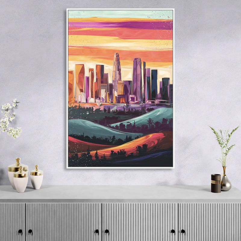 Los Angeles Skyline at Sunset Living Room - White Canvas Wall Art