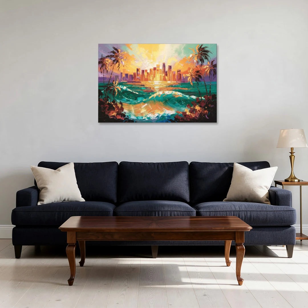 Los Angeles Sunset Over The Ocean - Canvas Wall Art - Sofa - 36x24