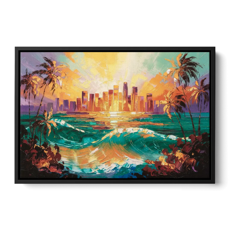Los Angeles Sunset Over The Ocean Front - Black Canvas Wall Art