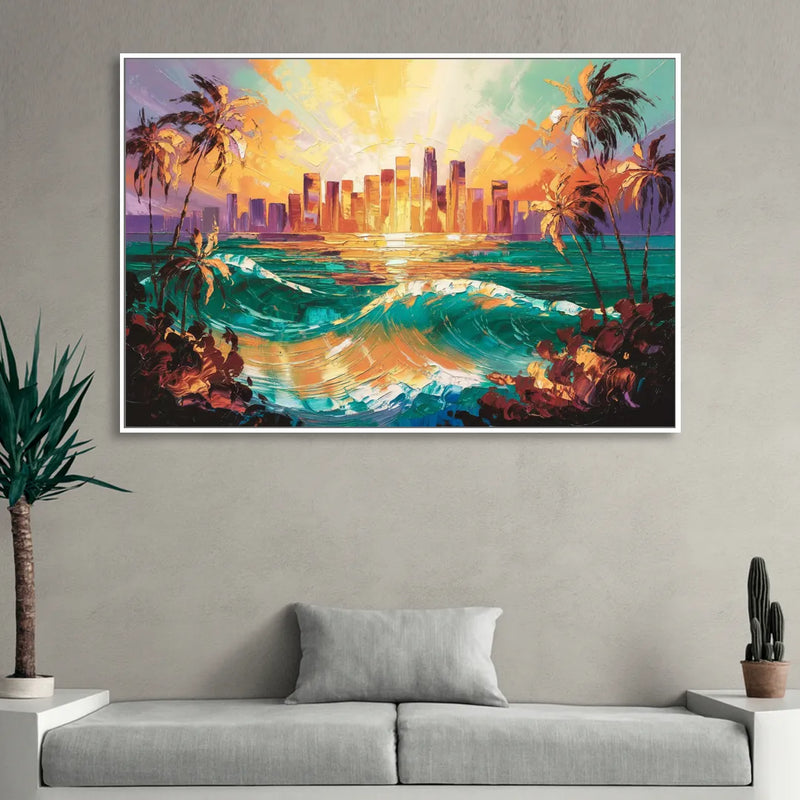 Los Angeles Sunset Over The Ocean Sitting Room - White Canvas Wall Art