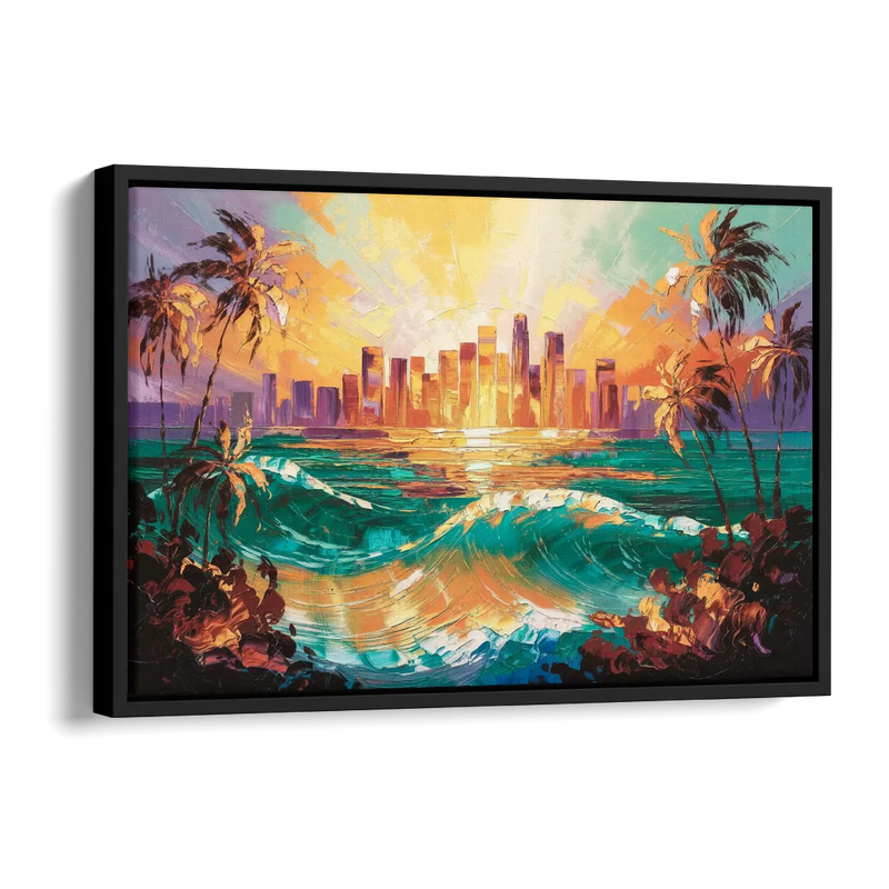 Los Angeles Sunset Over The Ocean Side - Black Canvas Wall Art