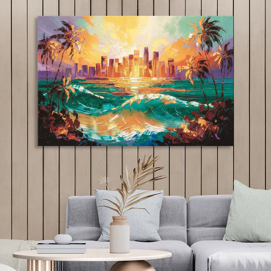 Los Angeles Sunset Over The Ocean Living Room - Canvas Wall Art