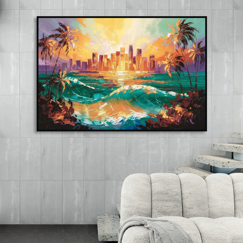 Los Angeles Sunset Over The Ocean Living Room - Black Canvas Wall Art