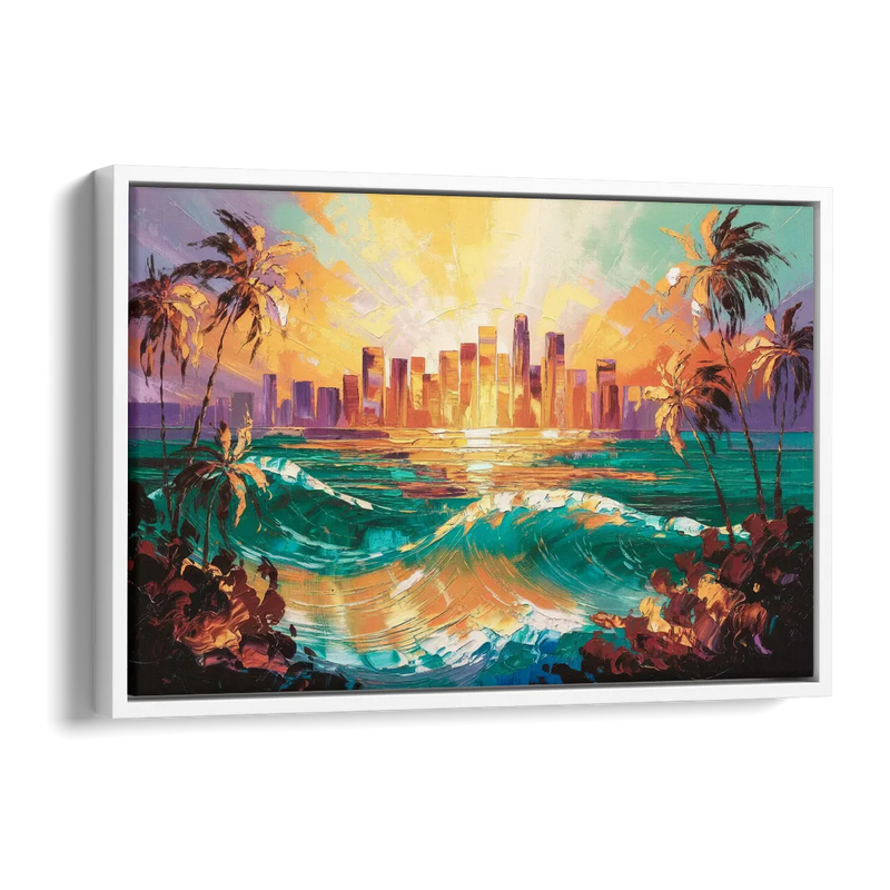 Los Angeles Sunset Over The Ocean Side - White Canvas Wall Art