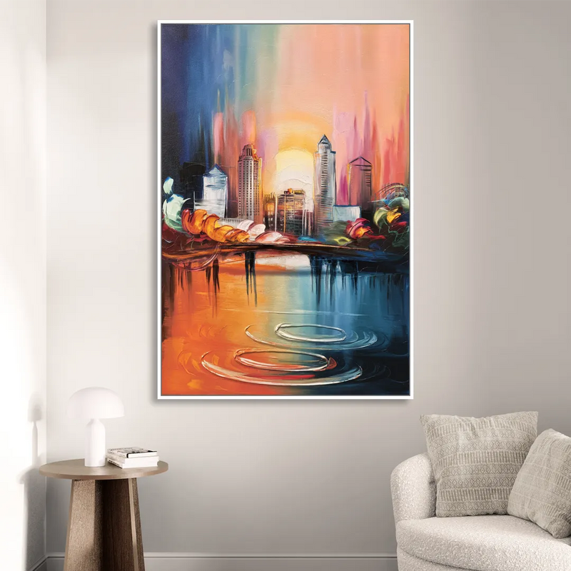 Louisville Skyline at Sunrise Living Room - White Canvas Wall Art
