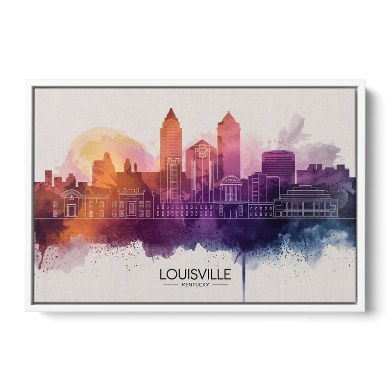 Louisville Sunset Over Skyline Front - White Canvas Wall Art