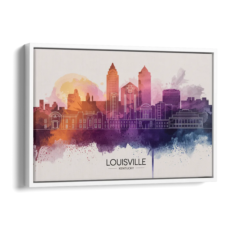 Louisville Sunset Over Skyline Side - White Canvas Wall Art