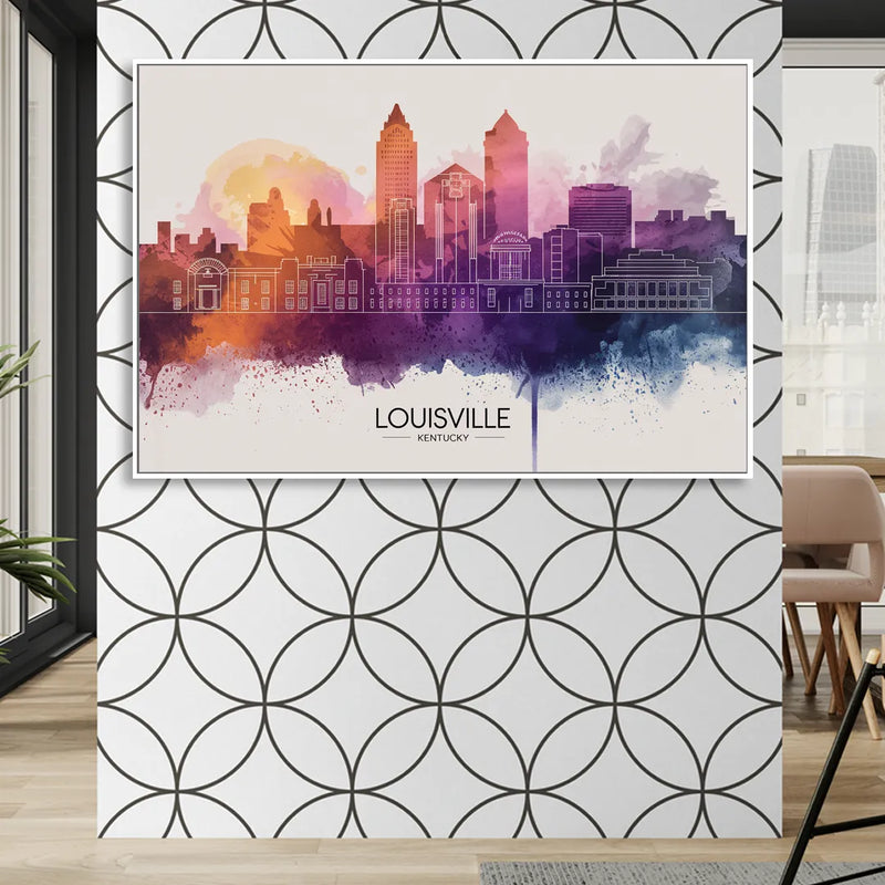 Louisville Sunset Over Skyline Sitting Room - White Canvas Wall Art