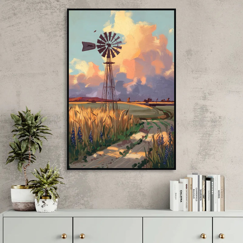 Lubbock Windmill Scene Sitting Room - Black Canvas Wall Art