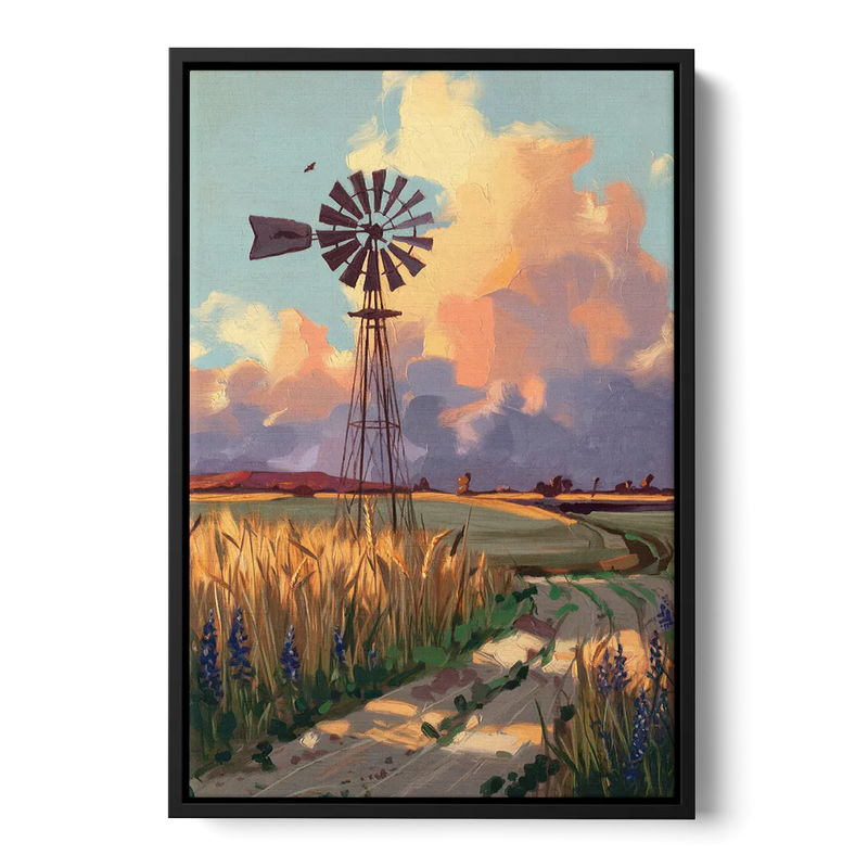Lubbock Windmill Scene Front - Black Canvas Wall Art