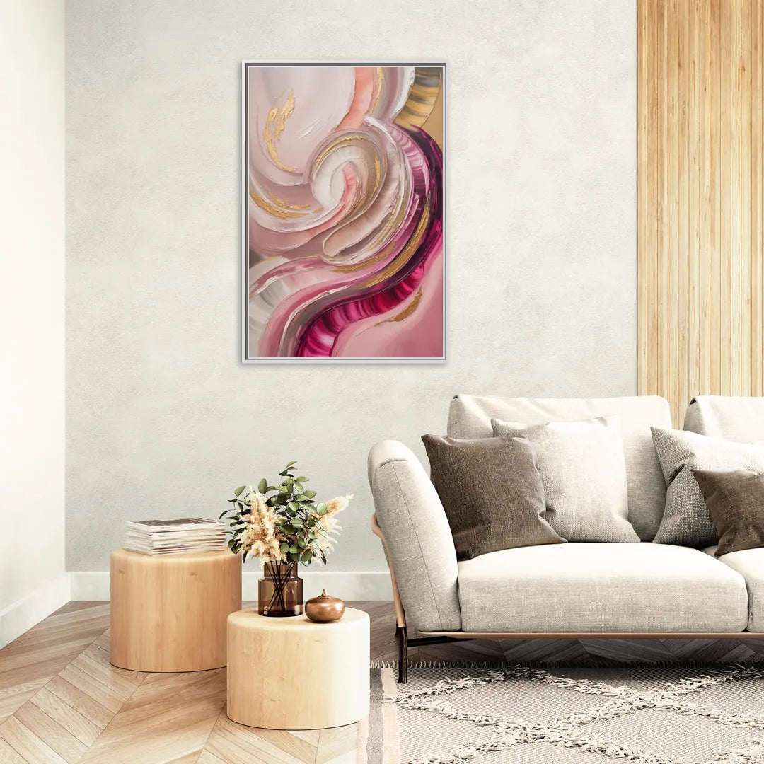 Luminous Swirl Pink Abstract - Living Room White Frame Canvas