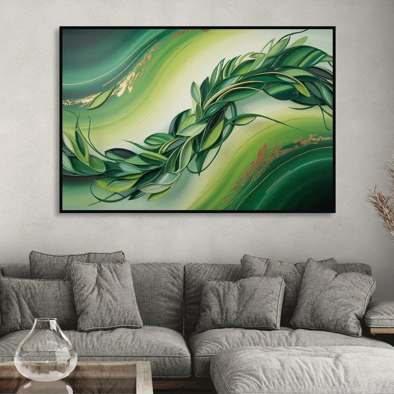Lush Verdant Essence Green Abstract Sitting Room - Black Canvas Wall Art