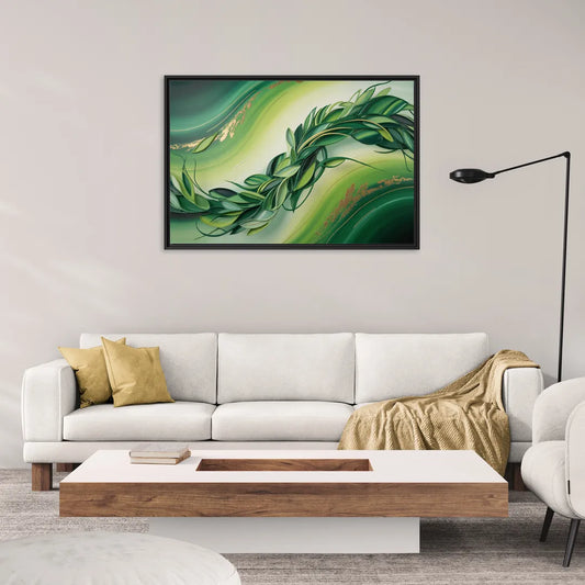 Lush Verdant Essence Green Abstract - Living Room Black Frame Canvas