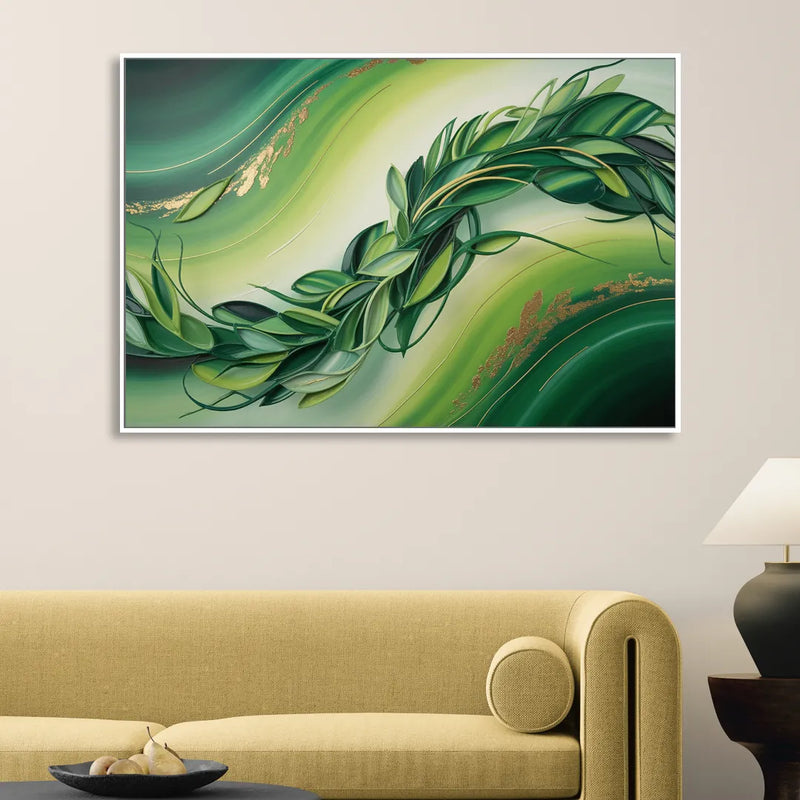 Lush Verdant Essence Green Abstract Sitting Room - White Canvas Wall Art