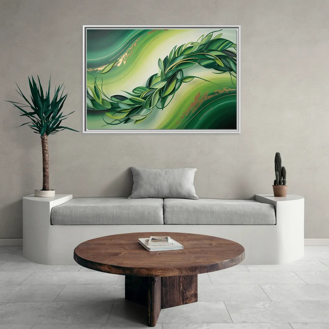 Lush Verdant Essence Green Abstract - Living Room White Frame Canvas