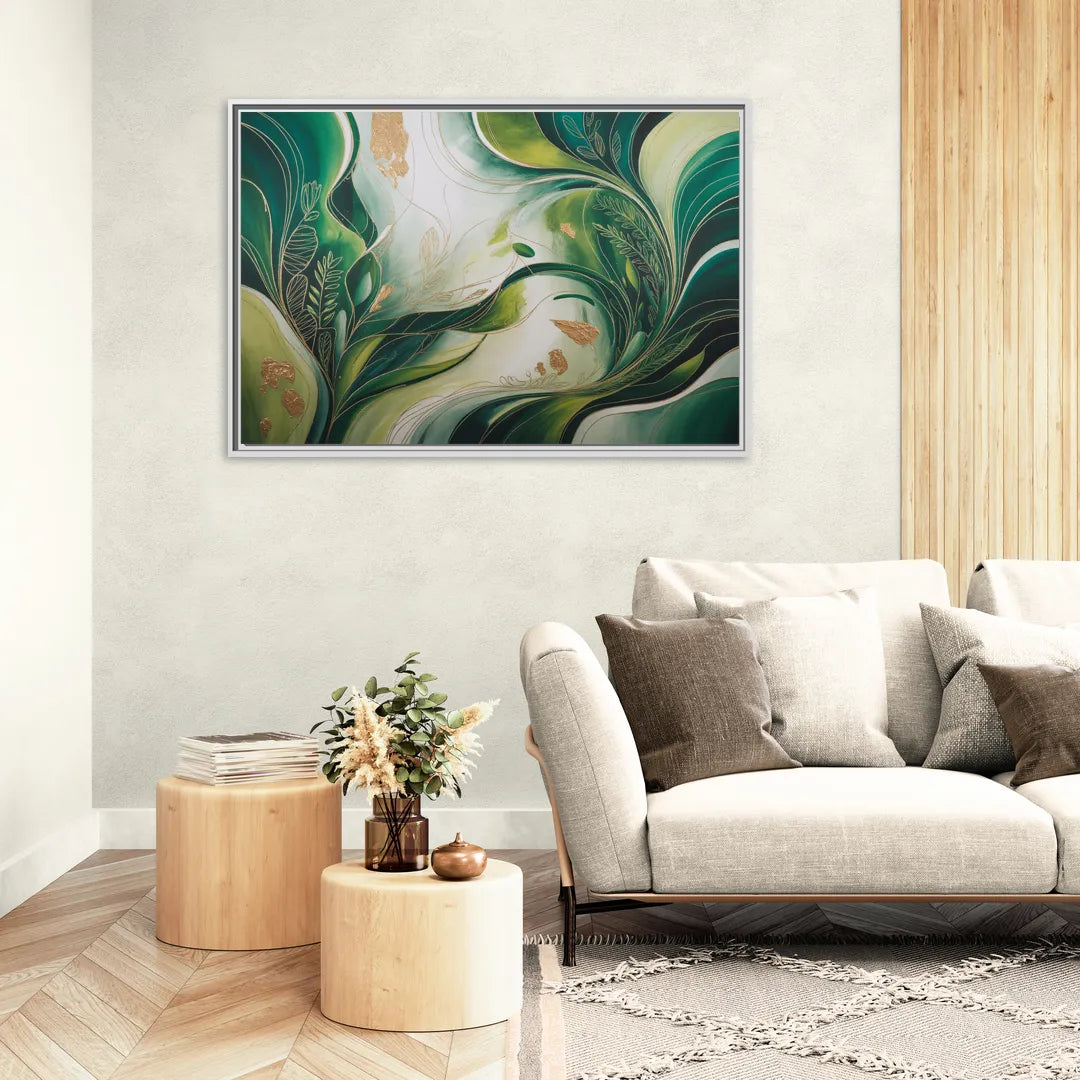 Lush Verdant Harmony Green Abstract - Living Room White Frame Canvas