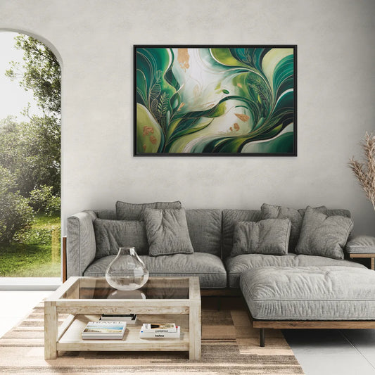 Lush Verdant Harmony Green Abstract - Living Room Black Frame Canvas