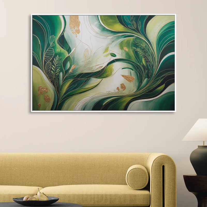 Lush Verdant Harmony Green Abstract Living Room - White Canvas Wall Art