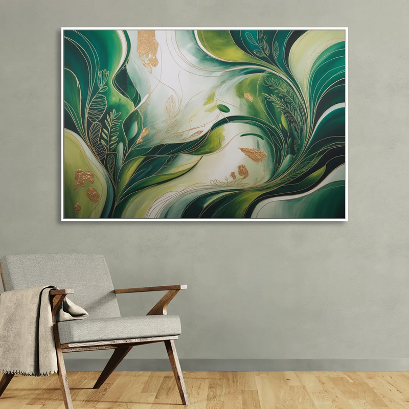 Lush Verdant Harmony Green Abstract Sitting Room - White Canvas Wall Art