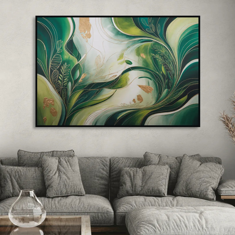 Lush Verdant Harmony Green Abstract Living Room - Black Canvas Wall Art