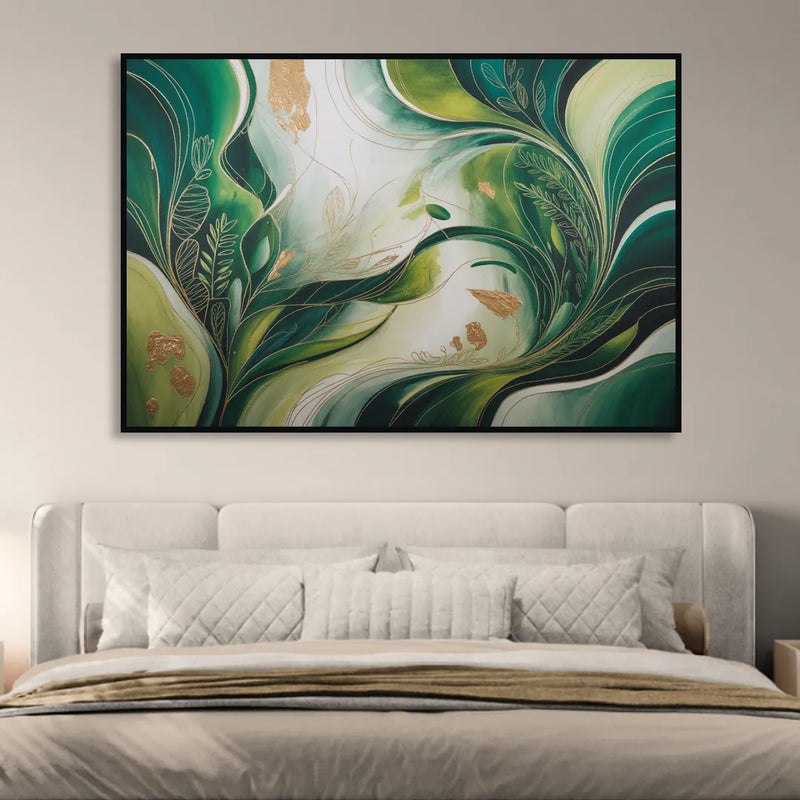 Lush Verdant Harmony Green Abstract Sitting Room - Black Canvas Wall Art